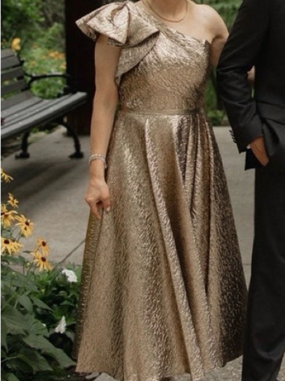 Mac Duggal One-Shoulder Metallic Gold Fit-and-Flare Dress